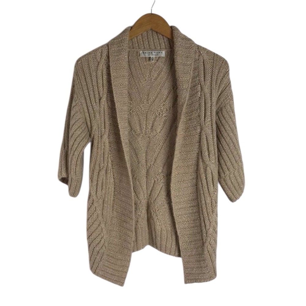 Trina Turk Petite Beige Cardigan Sweater Alpaca Cable Knit Short Sleeve Sz P